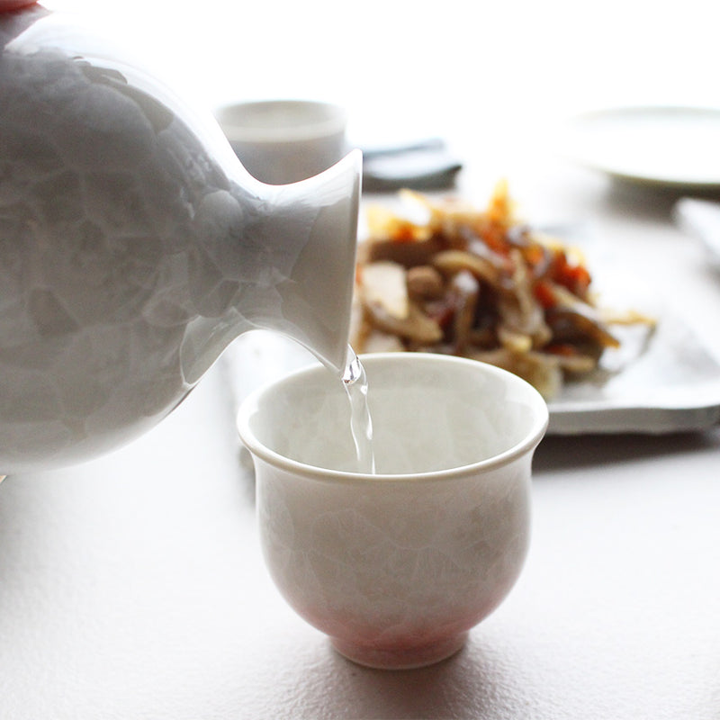 [SAKE BOTTLE] FLOWER CRYSTAL (WHITE BACKGROUND RED BLUE) SAKE SET (3-PIECE SET) | TOUAN | KYOTO-KIYOMIZU WARES