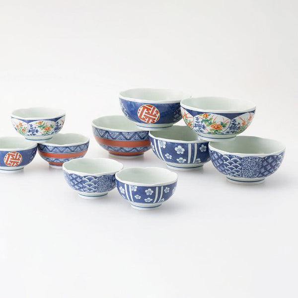 [BOWL] SOMENISHIKI-PATTERN PLUM BLOSSOM SHAPE SMALL-MEDIUM SET OF 10 | HASAMI WARES| SAIKAI TOKI