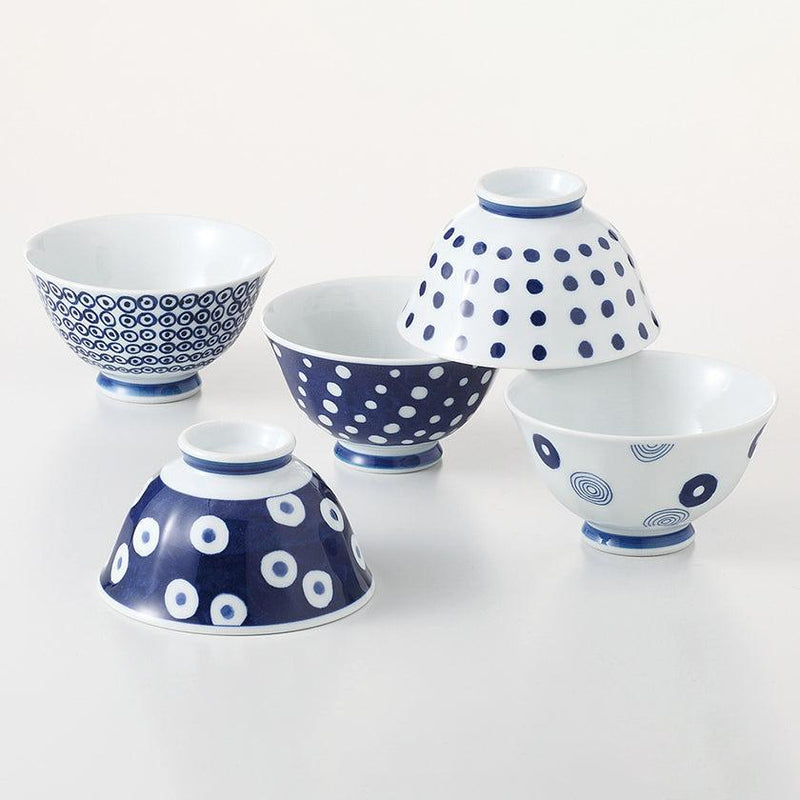 [RICE BOWL] INDIGO ROUND PATTERN LIGHT SET OF 5 | HASAMI WARES| SAIKAI TOKI