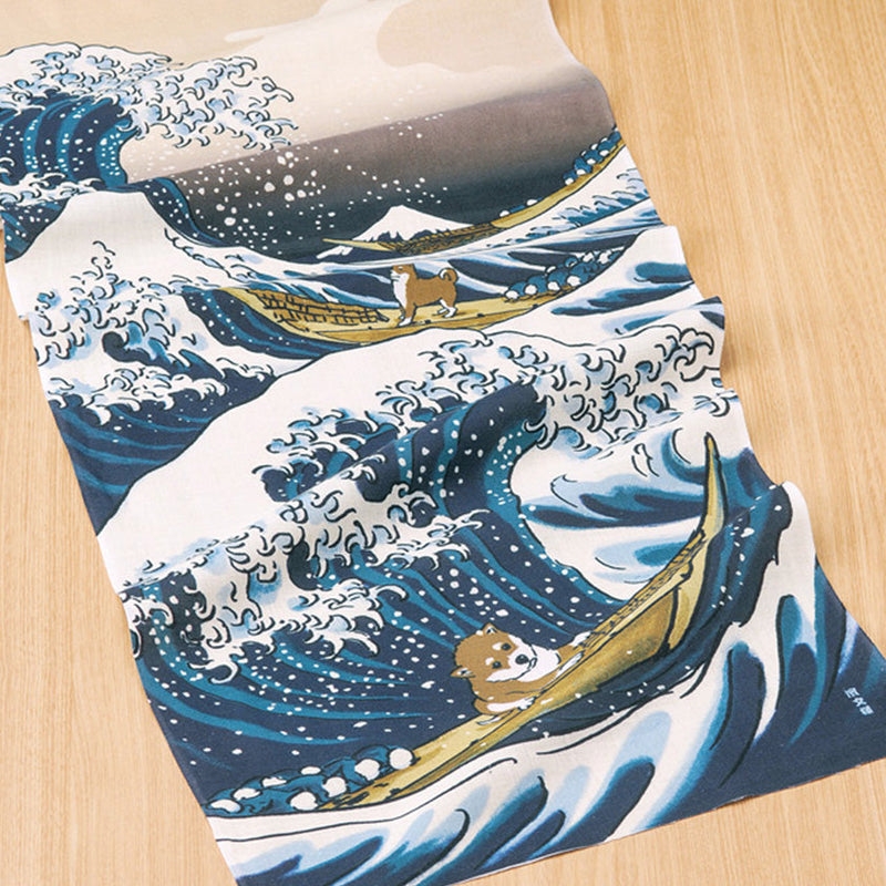 [TOWELS] TENUGUI HOKUSAI MAME-SHIBA AND BIG WAVE | YOKOHAMA DYEING | HAMAMONYO