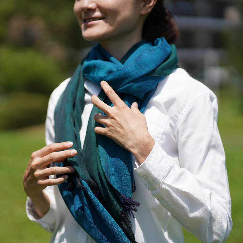 [圍巾]停滯卡薩內孔雀顏色 （孔雀 X 鉻綠色） |岡奈紡織