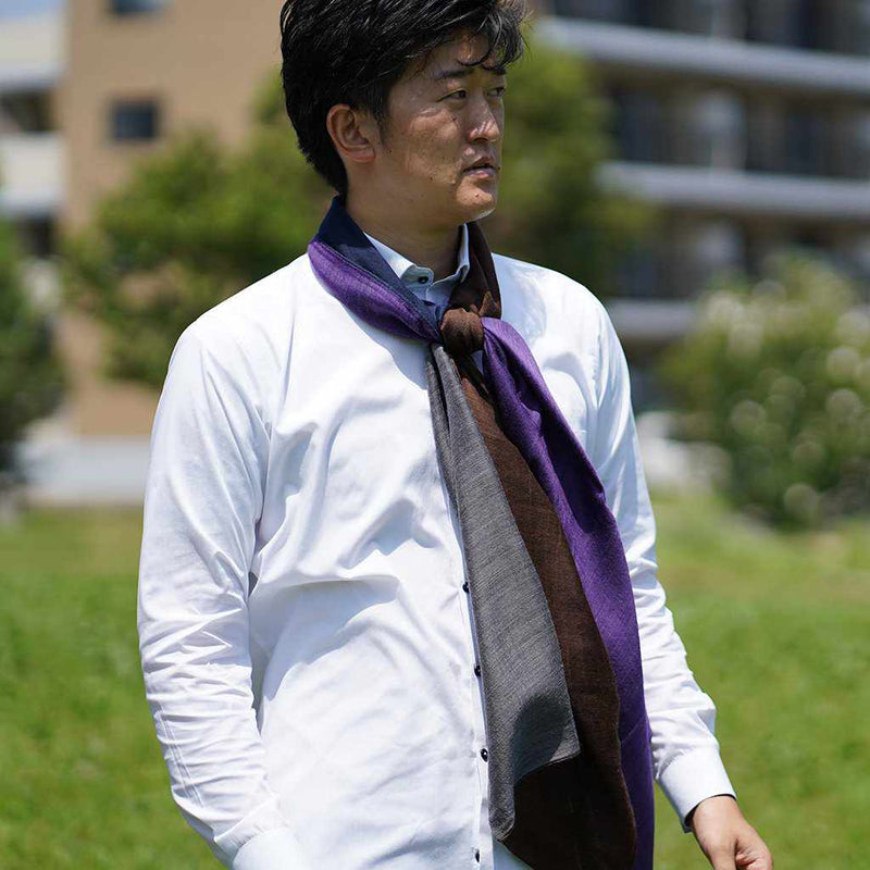 [圍巾]Stall Yasuragi Erimaki（灰色X棕色X海軍藍X紫色）| Gunnai紡織品