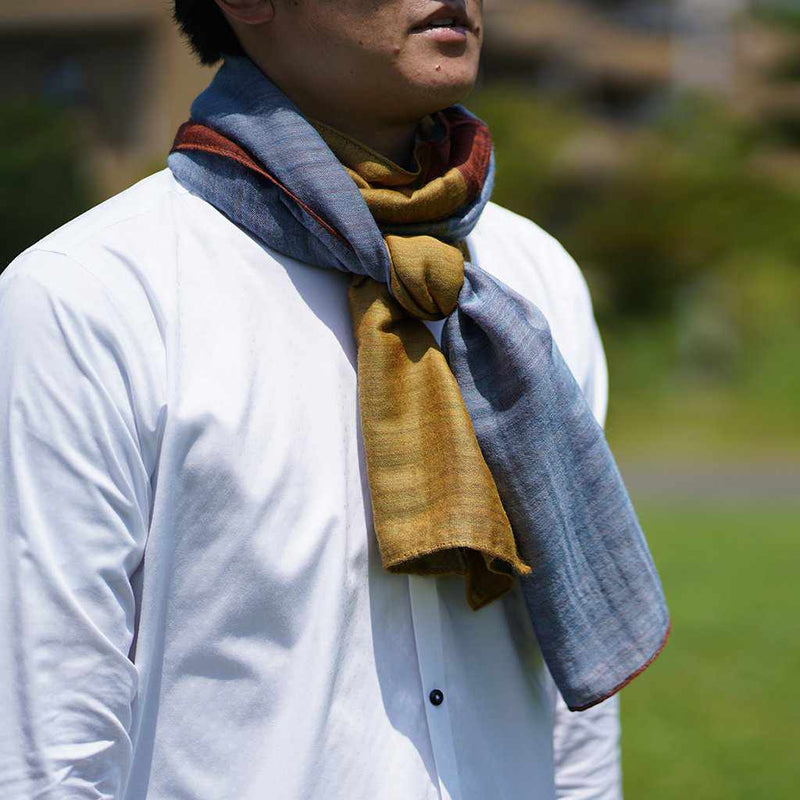 [SCARF] STALL YASURAGI ERIMAKI (GOLD × MOSS GREEN × TERRACOTTA × GRAYISH BLUE) | GUNNAI TEXTILES| FUJI SAKURA