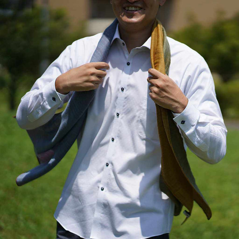 [SCARF] STALL YASURAGI ERIMAKI (GOLD × MOSS GREEN × TERRACOTTA × GRAYISH BLUE) | GUNNAI TEXTILES| FUJI SAKURA