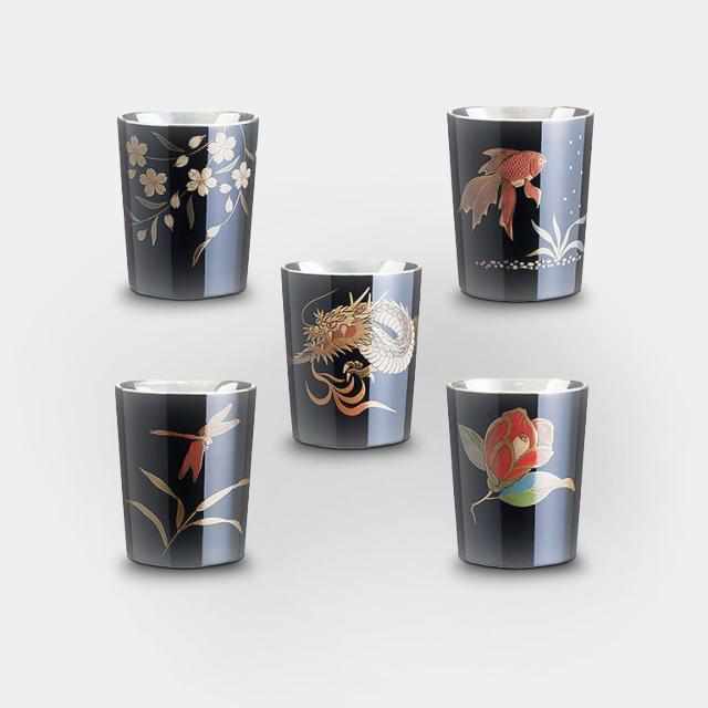 [SAKE CUP] WAJIMA FINISH SANBEIJI CUP 3 CUPS 1 GO BLACK 5-PIECE SET (CHERRY BLOSSOM, CAMELLIA, GOLDFISH, DRAGONFLY, DRAGON) | OSAKA NANIWA PEWTER WARE