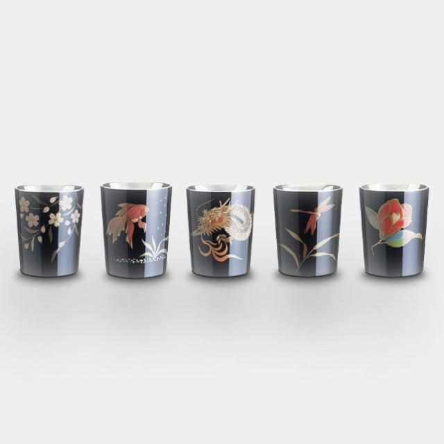 [SAKE CUP] WAJIMA FINISH SANBEIJI CUP 3 CUPS 1 GO BLACK 5-PIECE SET (CHERRY BLOSSOM, CAMELLIA, GOLDFISH, DRAGONFLY, DRAGON) | OSAKA NANIWA PEWTER WARE