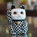 [BECKONING (LUCKY) CAT] MANEKI NEKO CHECKERED PATTERN BLACK (L) | EDO ART DOLLS | KAKINUMA DOLLS