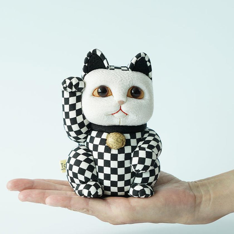 [Beckoning（Lucky）Cat] Maneki Neko方格圖案黑色（L）|江戶藝術娃娃
