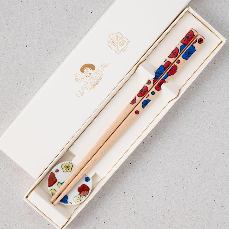 [筷子] Kutani Seal Flower Ume Plum（22.5cm）筷子休息和禮品盒套裝|松山|瓦卡薩漆器