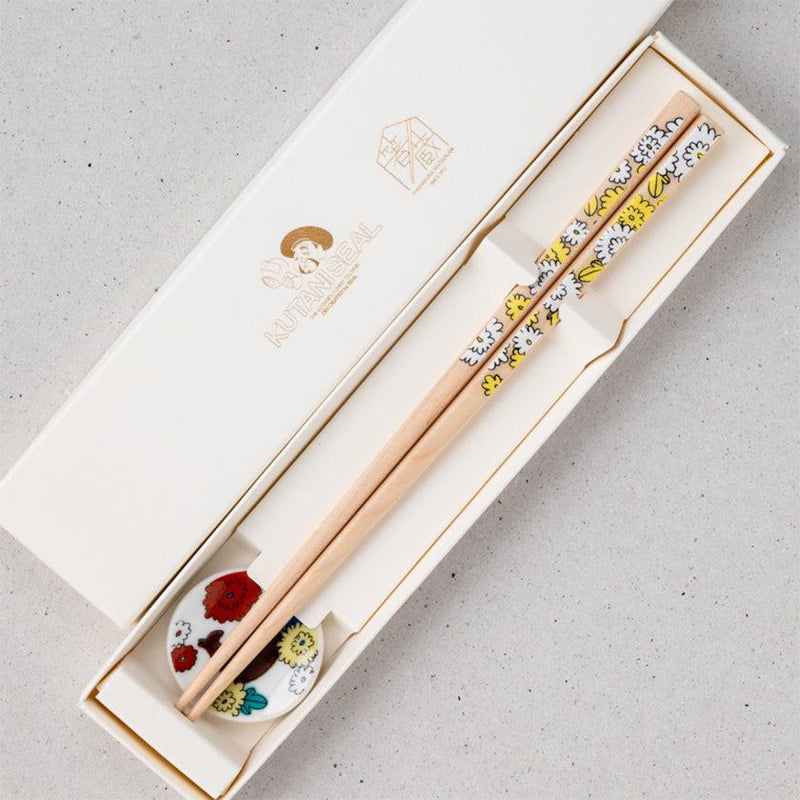 [筷子] Kutani Seal花Kiku Chrysanthemum（22.5cm）筷子休息和禮品盒套裝|松山|瓦卡薩漆器
