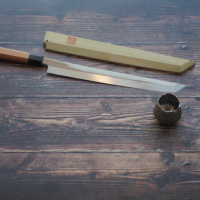 [廚房（廚師）刀] Sato Uma Mitsuhiro水烤Honyaki Tip Maru octopus刀330mm鏡面波漂浮第一八角形圖案| Sakai鍛造刀片