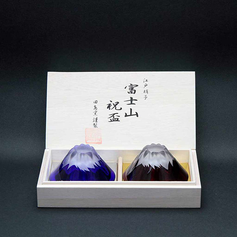 [GLASS] ENGRAVED GLASS BLUE RED FUJI CELEBRATION CUP (PAIR) IN A WOODEN BOX | EDO GLASS