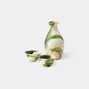 [SAKE BOTTLE & CUP SET] ORIBE WITH GREEN LINE (3 PIECES) | MINO WARES | MARUMO TAKAGI