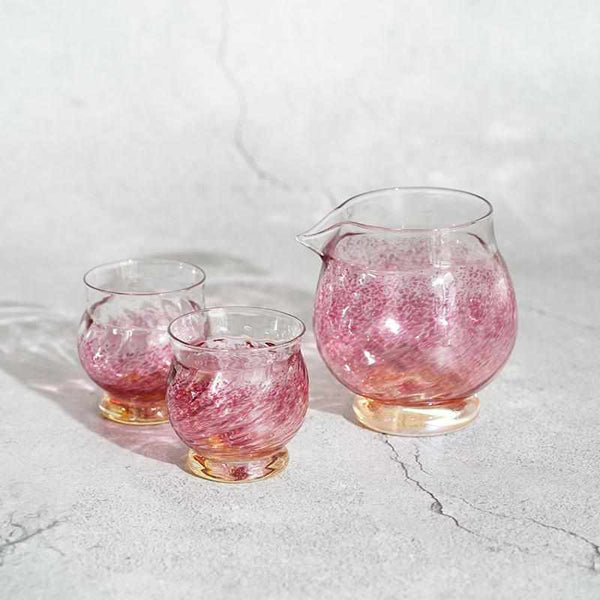 [SAKE BOTTLE & CUP SET] 3PIECES SAKURA | GLASS STUDIO IZUMO | BLOWN GLASS (2 weeks production after order)