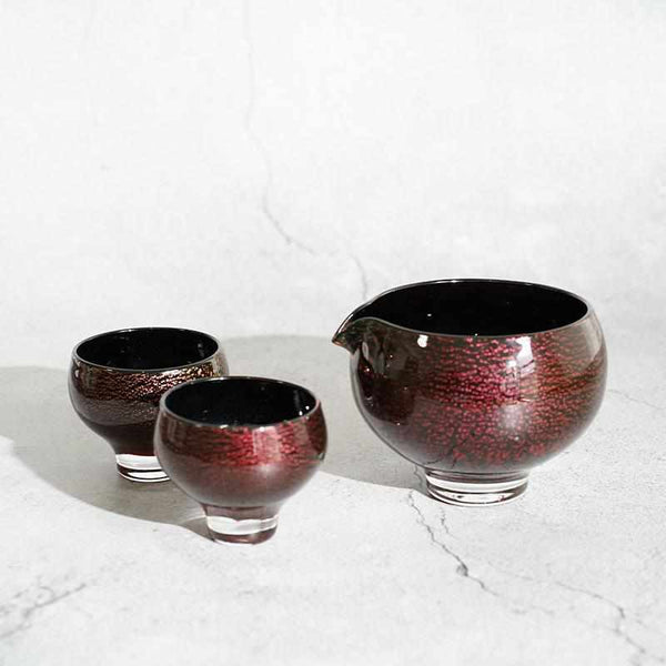 [SAKE BOTTLE & CUP SET] 3PIECES SAI RED | GLASS STUDIO IZUMO | BLOWN GLASS (2 weeks production after order)