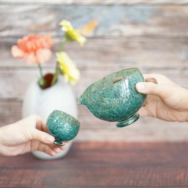 [SAKE BOTTLE & CUP SET] 3PIECES UTAGE BLUE | GLASS STUDIO IZUMO | BLOWN GLASS (2 weeks production after order)