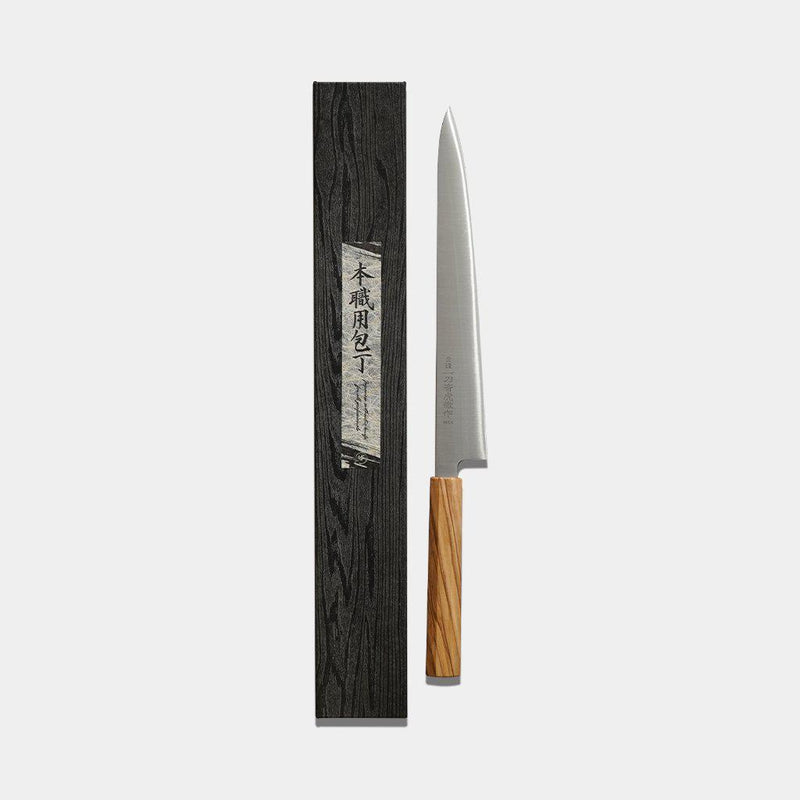 [KITCHEN (CHEF) KNIFE]  INOX SWEDISH STEEL SUJIBIKI (DOUBLE-EDGED BLADE) OLIVE WOOD HANDLE 270MM | SAKAI FORGED BLADES