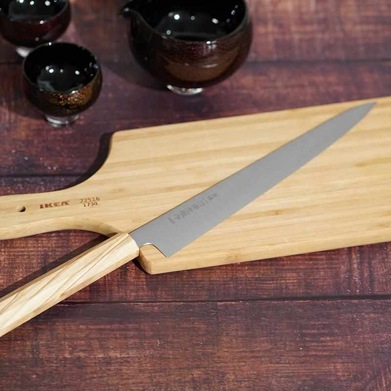 [KITCHEN (CHEF) KNIFE]  INOX SWEDISH STEEL SUJIBIKI (DOUBLE-EDGED BLADE) OLIVE WOOD HANDLE 270MM | SAKAI FORGED BLADES