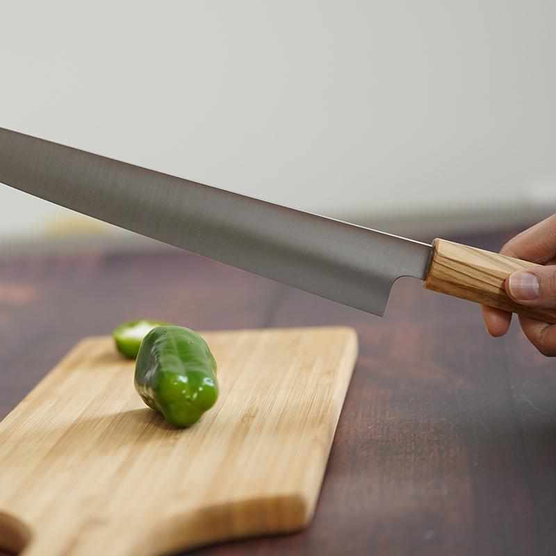 [KITCHEN (CHEF) KNIFE]  INOX SWEDISH STEEL SUJIBIKI (DOUBLE-EDGED BLADE) OLIVE WOOD HANDLE 270MM | SAKAI FORGED BLADES