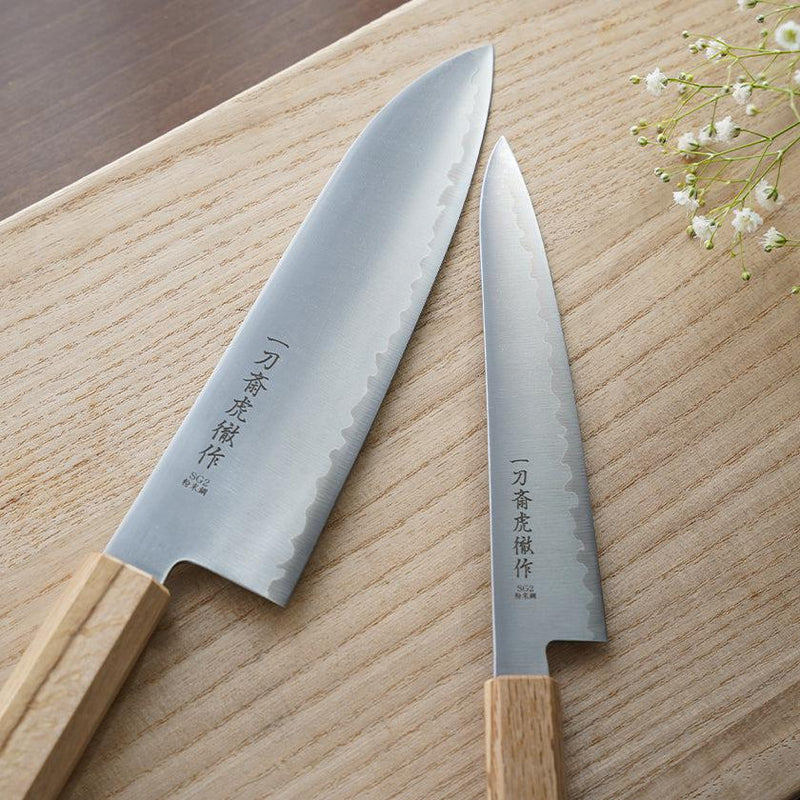 [KITCHEN (CHEF) KNIFE]  POWDERED HSS SUPER GOLD (SG2) PETTY-UTILITY KNIFE (DOUBLE EDGED) OAK HANDLE 150MM | SEKI FORGED BLADES