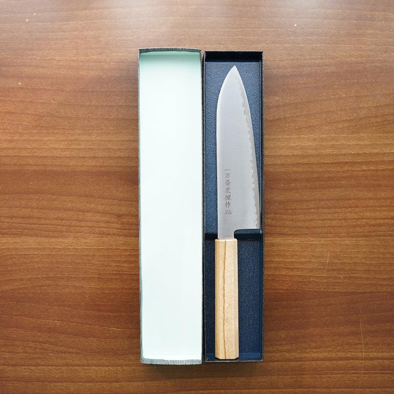 [KITCHEN (CHEF) KNIFE]  POWDERED HSS SUPER GOLD (SG2) SANTOKU KNIFE (DOUBLE EDGED) OAK HANDLE 180MM | SEKI FORGED BLADES