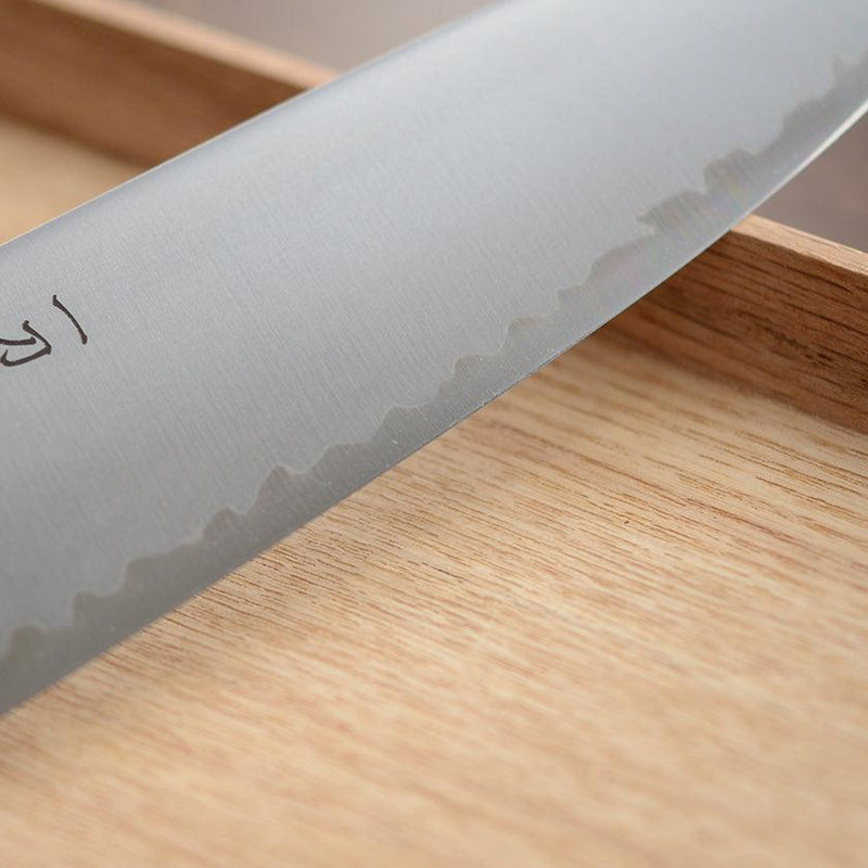 [KITCHEN (CHEF) KNIFE]  POWDERED HSS SUPER GOLD (SG2) SANTOKU KNIFE (DOUBLE EDGED) OAK HANDLE 180MM | SEKI FORGED BLADES