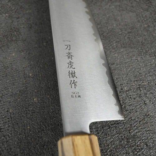 [KITCHEN (CHEF) KNIFE]  POWDERED HSS SUPER GOLD (SG2) SANTOKU KNIFE (DOUBLE EDGED) OAK HANDLE 180MM | SEKI FORGED BLADES