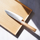 [KITCHEN (CHEF) KNIFE]  GOLD WARIKOMI V5 HAMMERED JAPANESE SANTOKU KNIFE OAK OCTAGONAL HANDLE MAPLE BOLSTER 180 | SAKAI FORGED BLADES