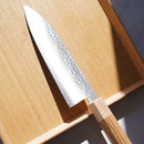[KITCHEN (CHEF) KNIFE]  GOLD WARIKOMI V5 HAMMERED JAPANESE SANTOKU KNIFE OAK OCTAGONAL HANDLE MAPLE BOLSTER 180 | SAKAI FORGED BLADES