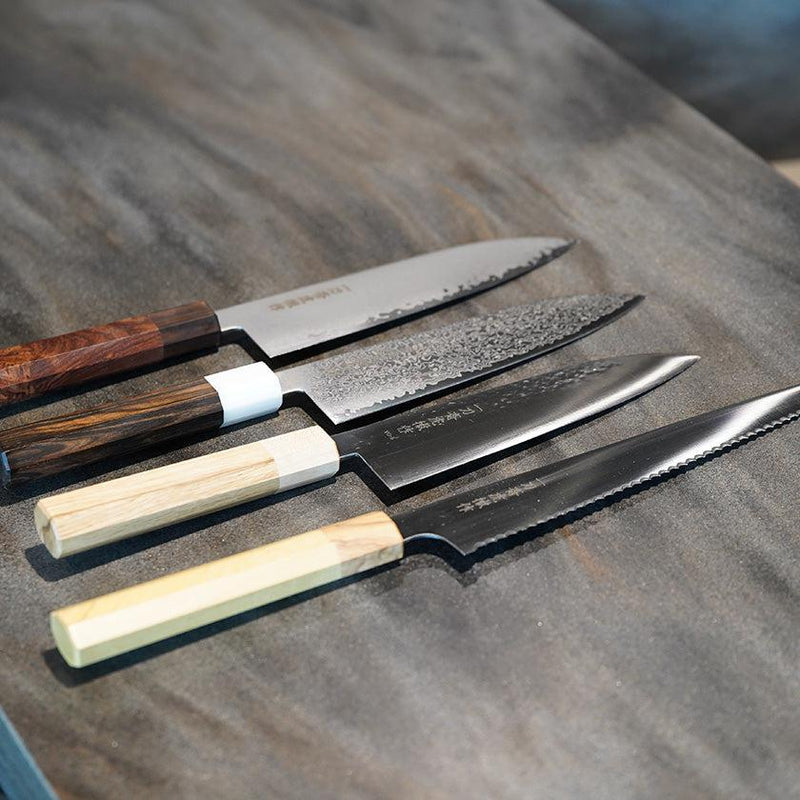 [KITCHEN (CHEF) KNIFE]  V10 DAMASCUS JAPANESE SANTOKU KNIFE EBONY OCTAGONAL STRIPED EBONY BOLSTER 180 | SAKAI FORGED BLADES