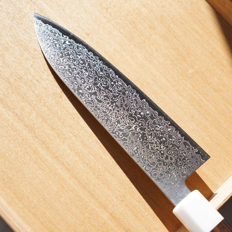 [KITCHEN (CHEF) KNIFE]  POWDERED HSS SG2 DAMASCUS JAPANESE SANTOKU KNIFE STRIPED EBONY OCTAGONAL ARTIFICIAL MARBLE BOLSTER 180  | SAKAI FORGED BLADES