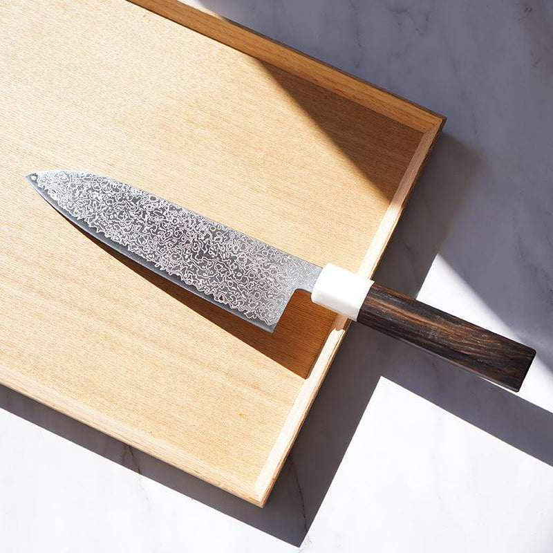 [KITCHEN (CHEF) KNIFE]  POWDERED HSS SG2 DAMASCUS JAPANESE SANTOKU KNIFE STRIPED EBONY OCTAGONAL ARTIFICIAL MARBLE BOLSTER 180  | SAKAI FORGED BLADES