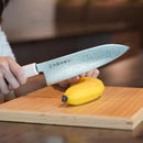 [KITCHEN (CHEF) KNIFE]  POWDERED HSS SG2 DAMASCUS JAPANESE SANTOKU KNIFE STRIPED EBONY OCTAGONAL ARTIFICIAL MARBLE BOLSTER 180  | SAKAI FORGED BLADES