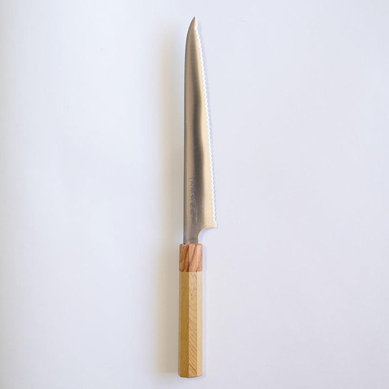 [KITCHEN (CHEF) KNIFE]  MOLYBDENUM STEEL BREAD KNIFE AOMORI HIBA OCTAGONAL OLIVE WOOD BOLSTER 240 | SAKAI FORGED BLADES