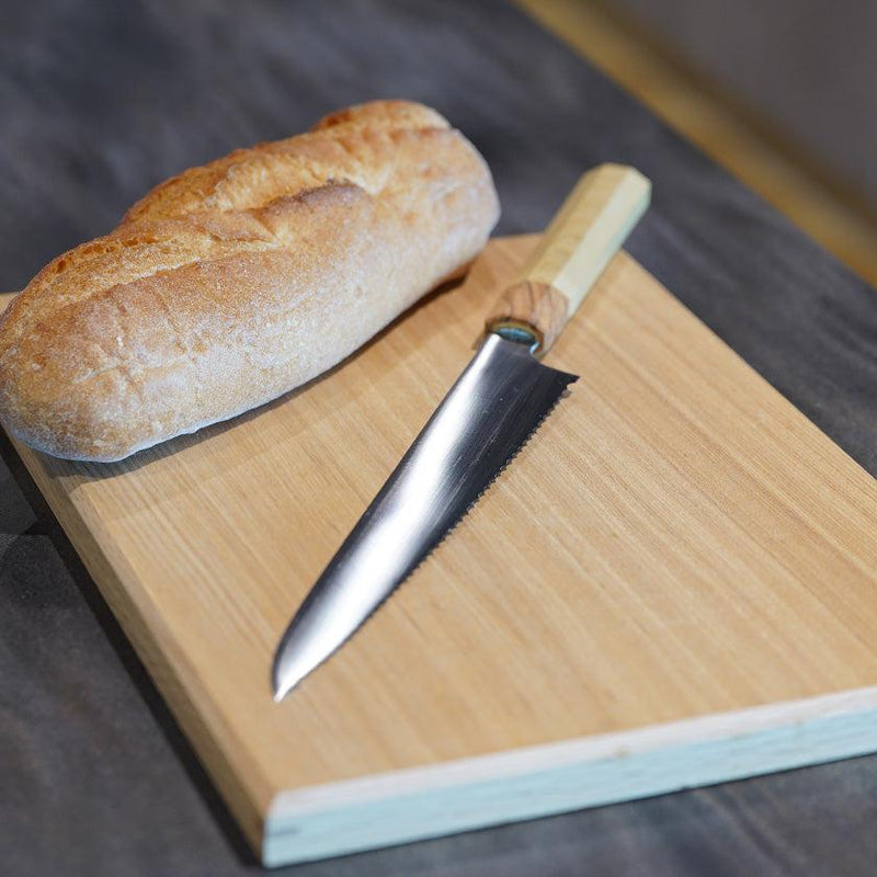 [KITCHEN (CHEF) KNIFE]  MOLYBDENUM STEEL BREAD KNIFE AOMORI HIBA OCTAGONAL OLIVE WOOD BOLSTER 240 | SAKAI FORGED BLADES