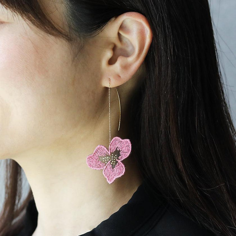 [耳環]色彩衣雙櫻花（S）粉紅色|京都Yuzen染色|形態圈