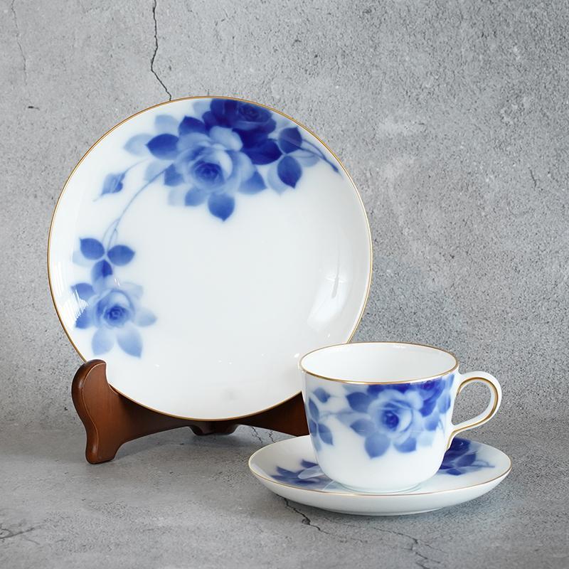[MUG (CUP)] OKURA ART CHINA BLUE ROSE CUP & SAUCER, DESSERT PLATE | CERAMICS