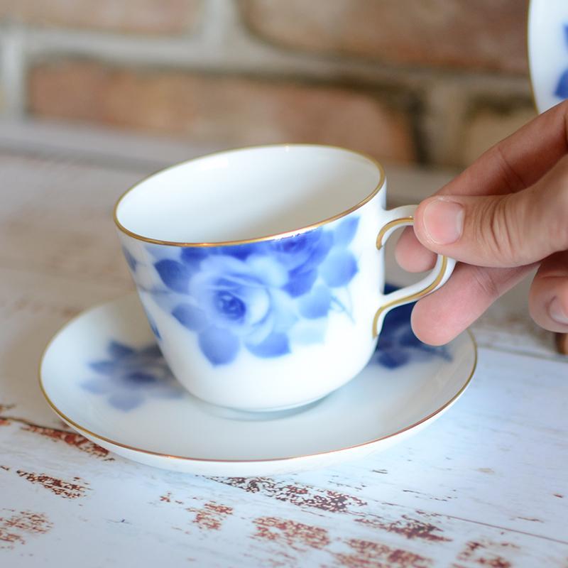 [MUG（杯）] Okura藝術中國藍玫瑰杯和碟子，甜點板|陶瓷