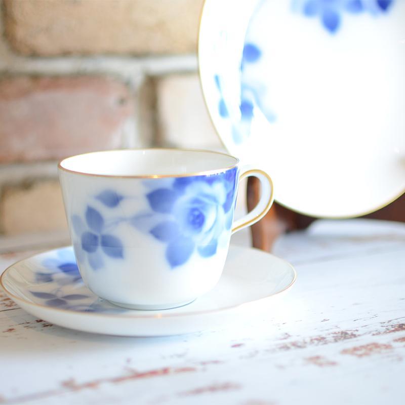 [MUG (CUP)] OKURA ART CHINA BLUE ROSE CUP & SAUCER, DESSERT PLATE | CERAMICS