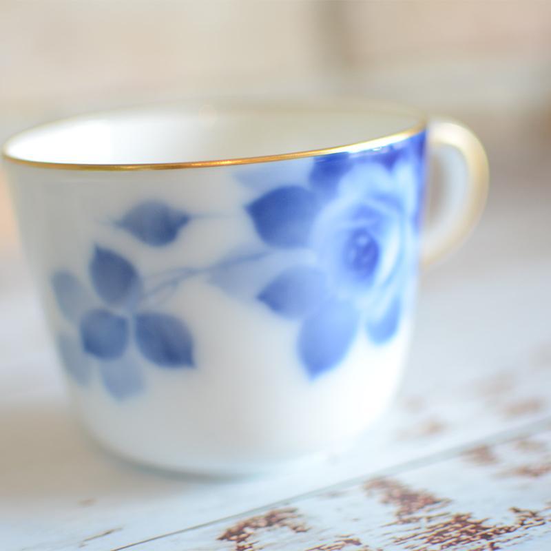 [MUG (CUP)] OKURA ART CHINA BLUE ROSE CUP & SAUCER, DESSERT PLATE | CERAMICS