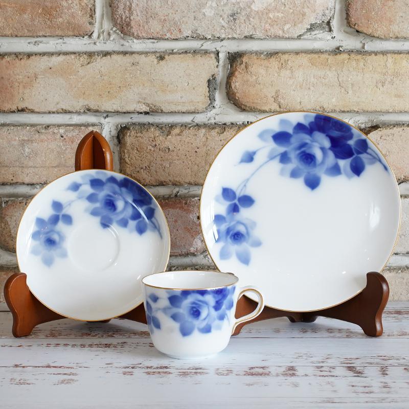 [MUG (CUP)] OKURA ART CHINA BLUE ROSE CUP & SAUCER, DESSERT PLATE | CERAMICS