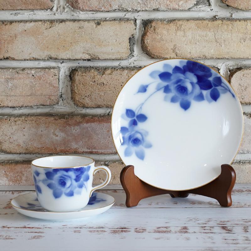 [MUG (CUP)] OKURA ART CHINA BLUE ROSE CUP & SAUCER, DESSERT PLATE | CERAMICS