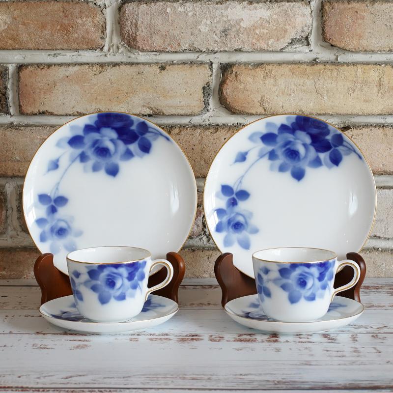 [MUG (CUP)] OKURA ART CHINA BLUE ROSE CUP & SAUCER, DESSERT PLATE SET(2 PIECES EACH) | CERAMICS