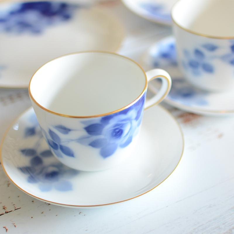 [MUG（杯）] Okura藝術中國藍玫瑰杯和碟子，甜點板套裝（每件2件）|陶瓷