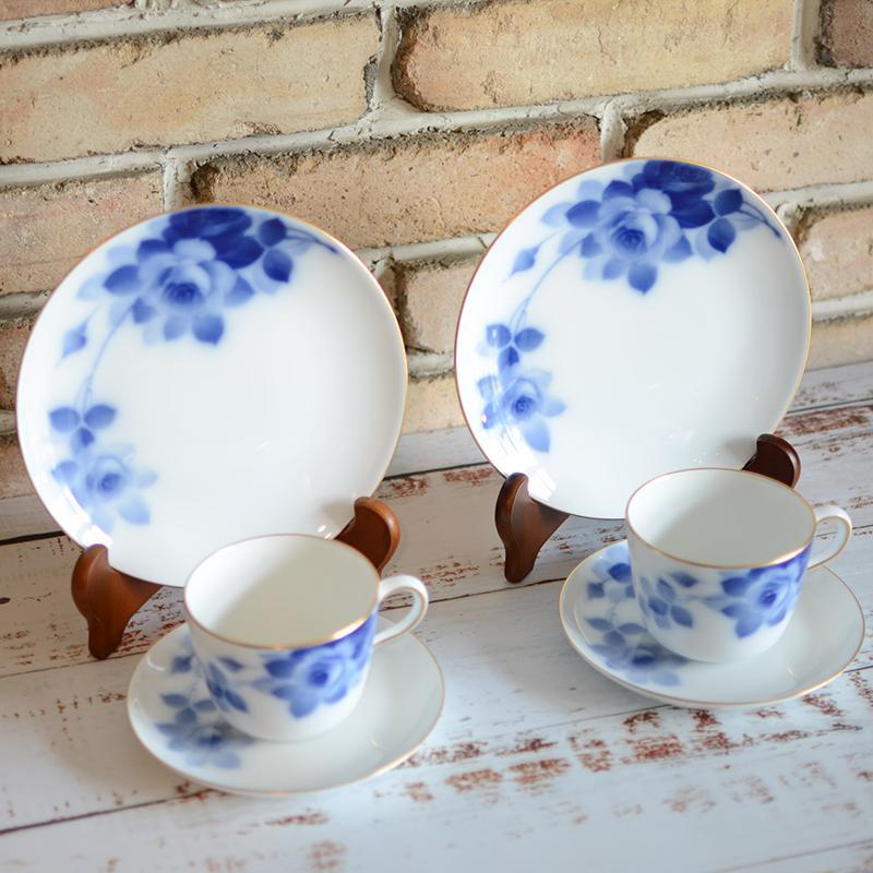 [MUG (CUP)] OKURA ART CHINA BLUE ROSE CUP & SAUCER, DESSERT PLATE SET(2 PIECES EACH) | CERAMICS