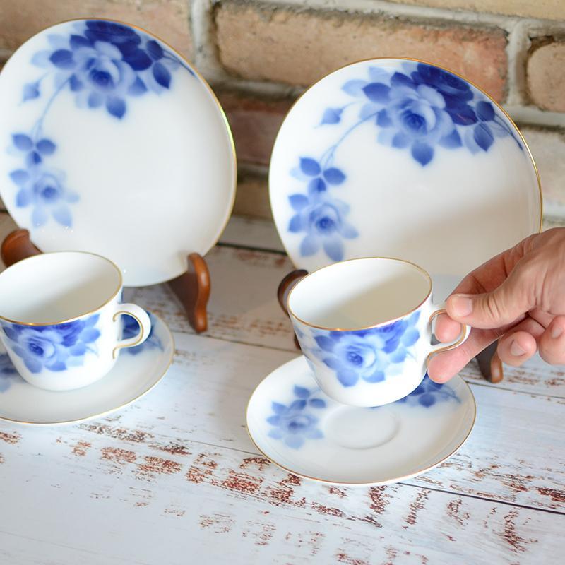 [MUG (CUP)] OKURA ART CHINA BLUE ROSE CUP & SAUCER, DESSERT PLATE SET(2 PIECES EACH) | CERAMICS