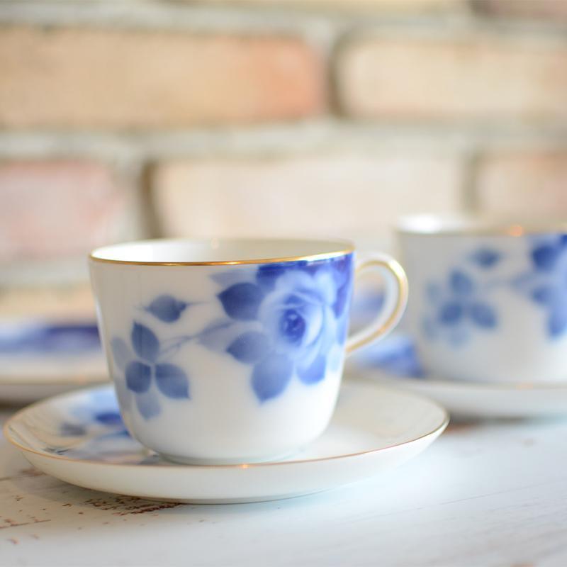 [MUG (CUP)] OKURA ART CHINA BLUE ROSE CUP & SAUCER, DESSERT PLATE SET(2 PIECES EACH) | CERAMICS