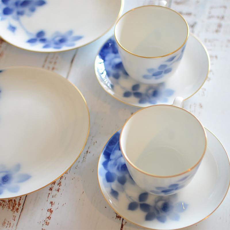 [MUG (CUP)] OKURA ART CHINA BLUE ROSE CUP & SAUCER, DESSERT PLATE SET(2 PIECES EACH) | CERAMICS