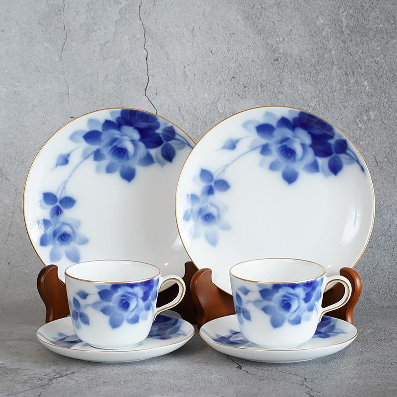 [MUG (CUP)] OKURA ART CHINA BLUE ROSE CUP & SAUCER, DESSERT PLATE SET(2 PIECES EACH) | CERAMICS