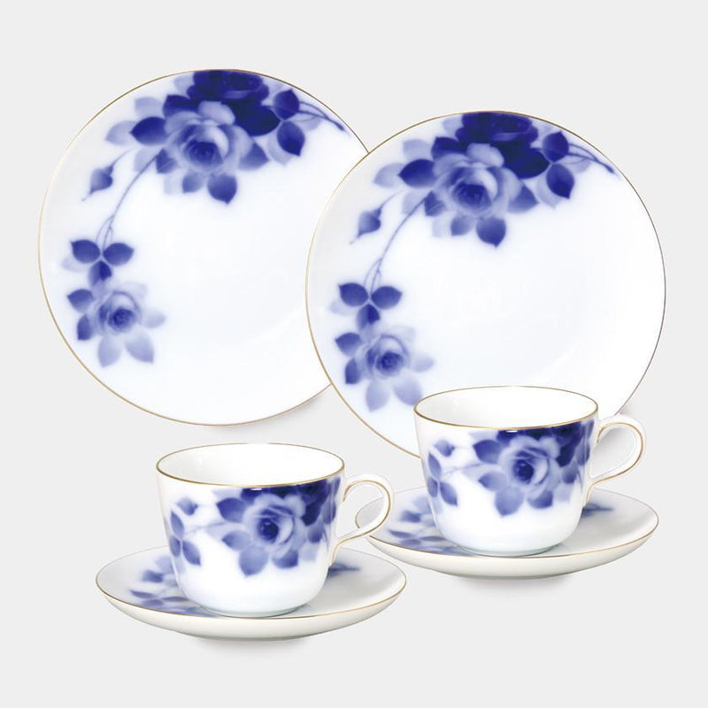 [MUG (CUP)] OKURA ART CHINA BLUE ROSE CUP & SAUCER, DESSERT PLATE SET(2 PIECES EACH) | CERAMICS